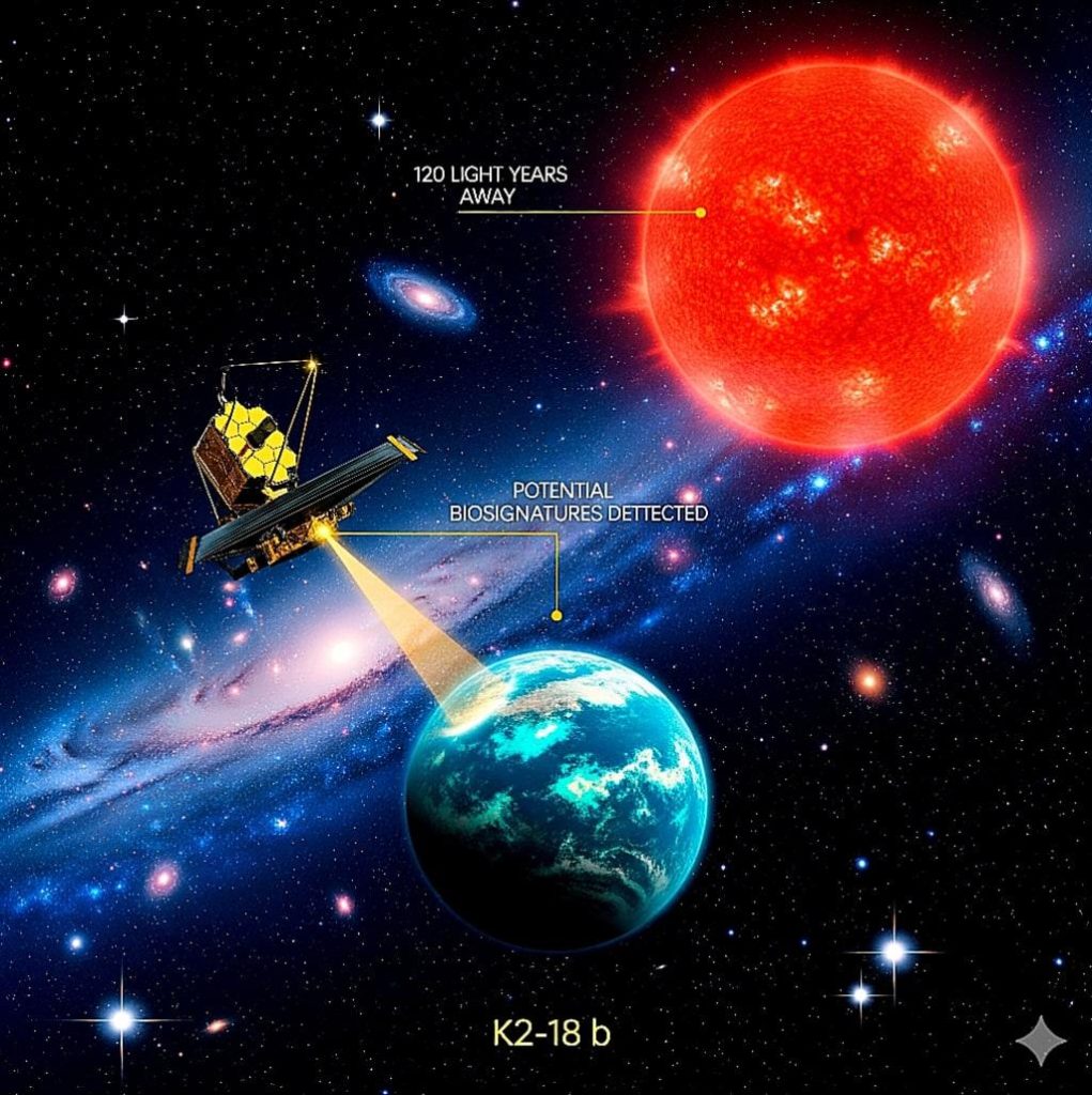Space Telescope Analyzing Distant Exoplanet for Signs of Life Illustration