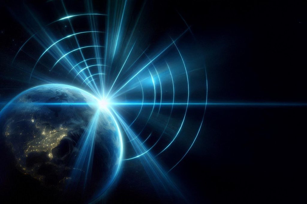 Alien Telescope Observing Earth With Technosignature Signals From Deep Space Concept Illustration