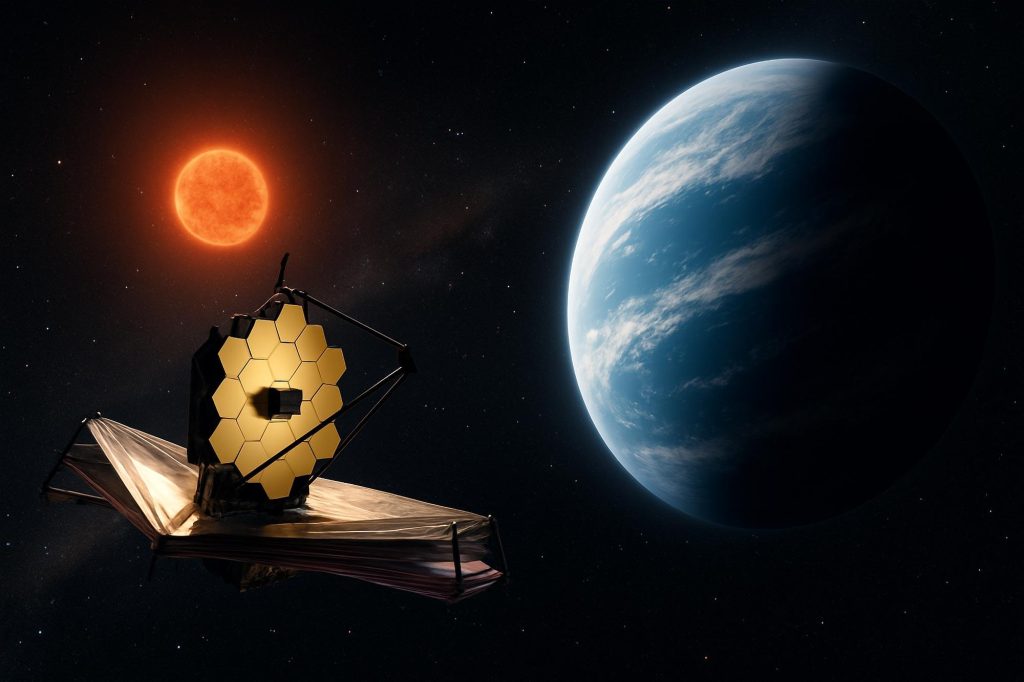 Astronomers Detecting Exoplanets Using Space Telescope Data and Star Observation Methods Illustration