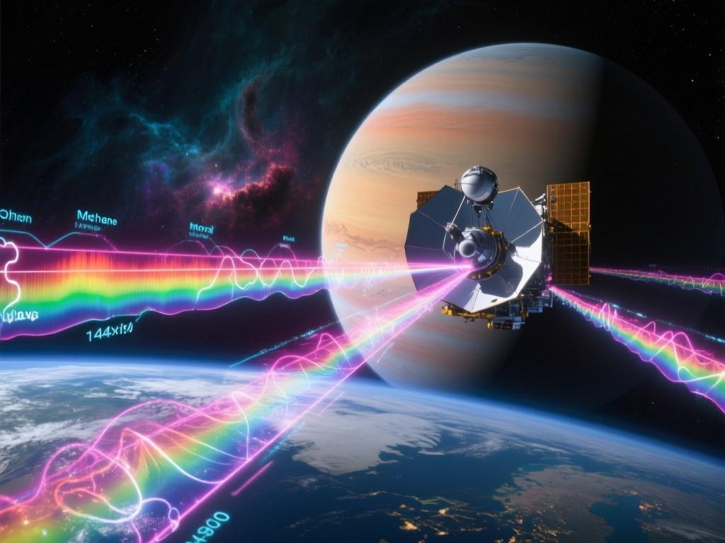 Exoplanet Atmosphere Analysis Showing Biosignatures Detection in Space Illustration
