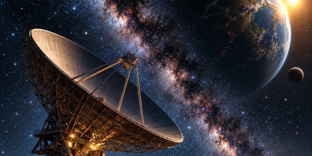 Radio Telescope Dishes Under the Milky Way With an Earth-Like Planet Overhead