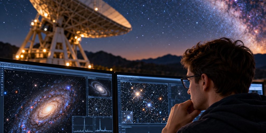 Researcher Studying Space Data Beneath a Large Radio Telescope