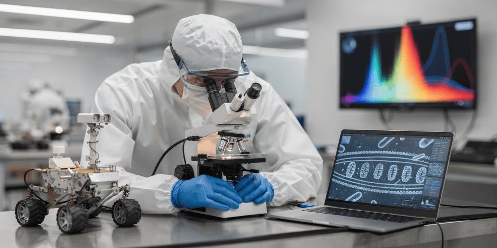 Scientist In Cleanroom Suit Using A Microscope Beside A Small Rover Model