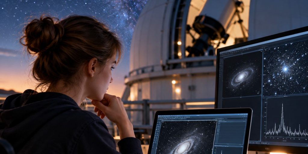 Student Analyzing Galaxy Data On Laptop Beside An Open Observatory Dome At Night