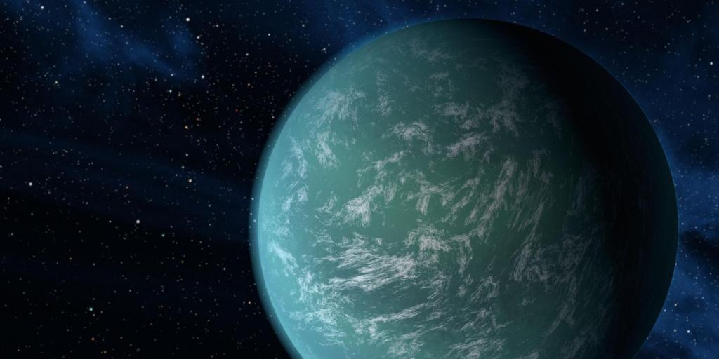 Artist View of a Blue Ocean Exoplanet Against a Starry Sky