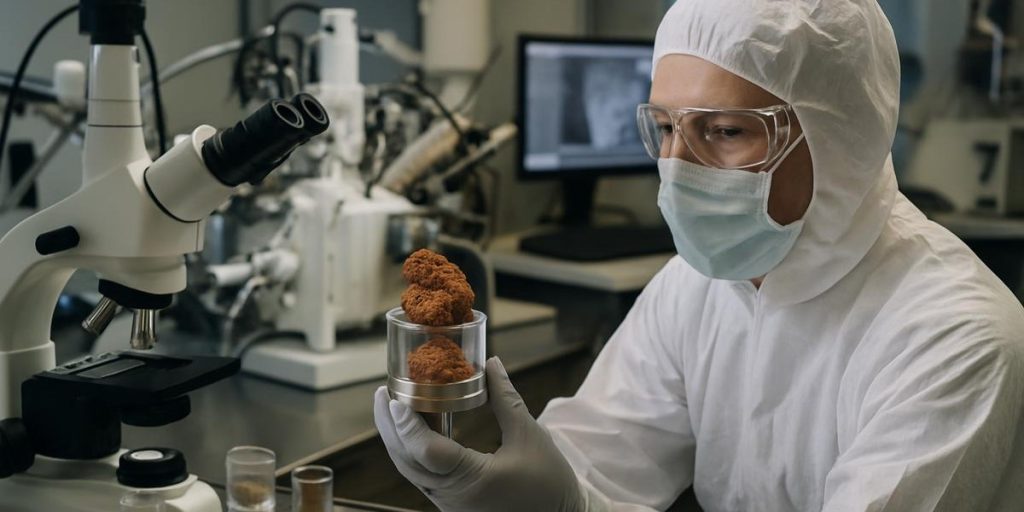 Scientist in Cleanroom Suit Examining a Rust-Colored Rock Sample in a Laboratory
