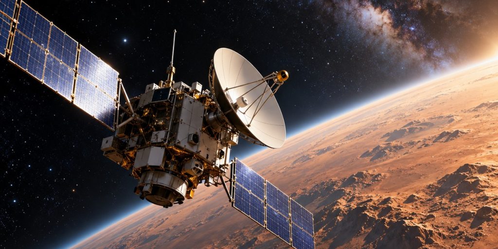 Spacecraft With Solar Panels And Dish Antenna Orbiting Above A Red Cratered Planet